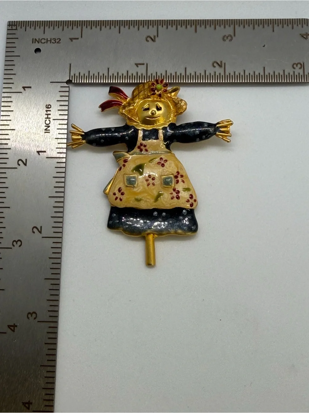 Vintage Gold-Tone Enamel Scarecrow Brooch in Yellow and blue